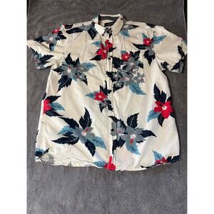 Eight X Mens Tropical Hibiscus Floral Button Down Shirt White Red Blue Large